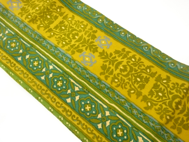 JAPANESE NAGOYA OBI / CHIRIMEN / KATAZOME / FLORAL PLANTS